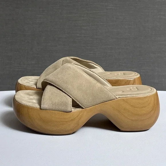 Zara Sandals 38 Beige Sand Nude Suede Platform Clog Shoes Faux Wood Chunky Heels - Picture 2 of 14